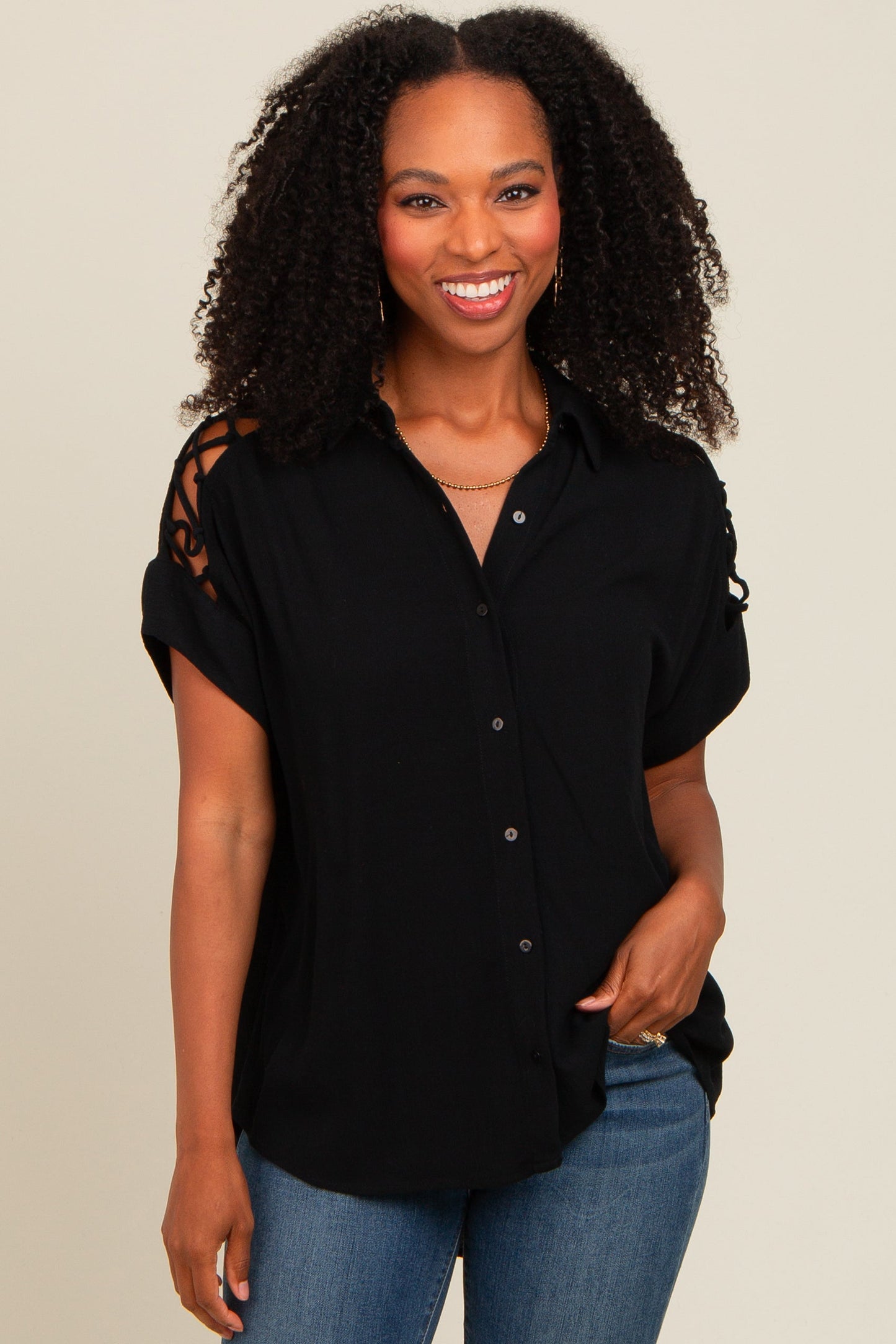 Black Button Down Lace-Up Shoulder Maternity Top