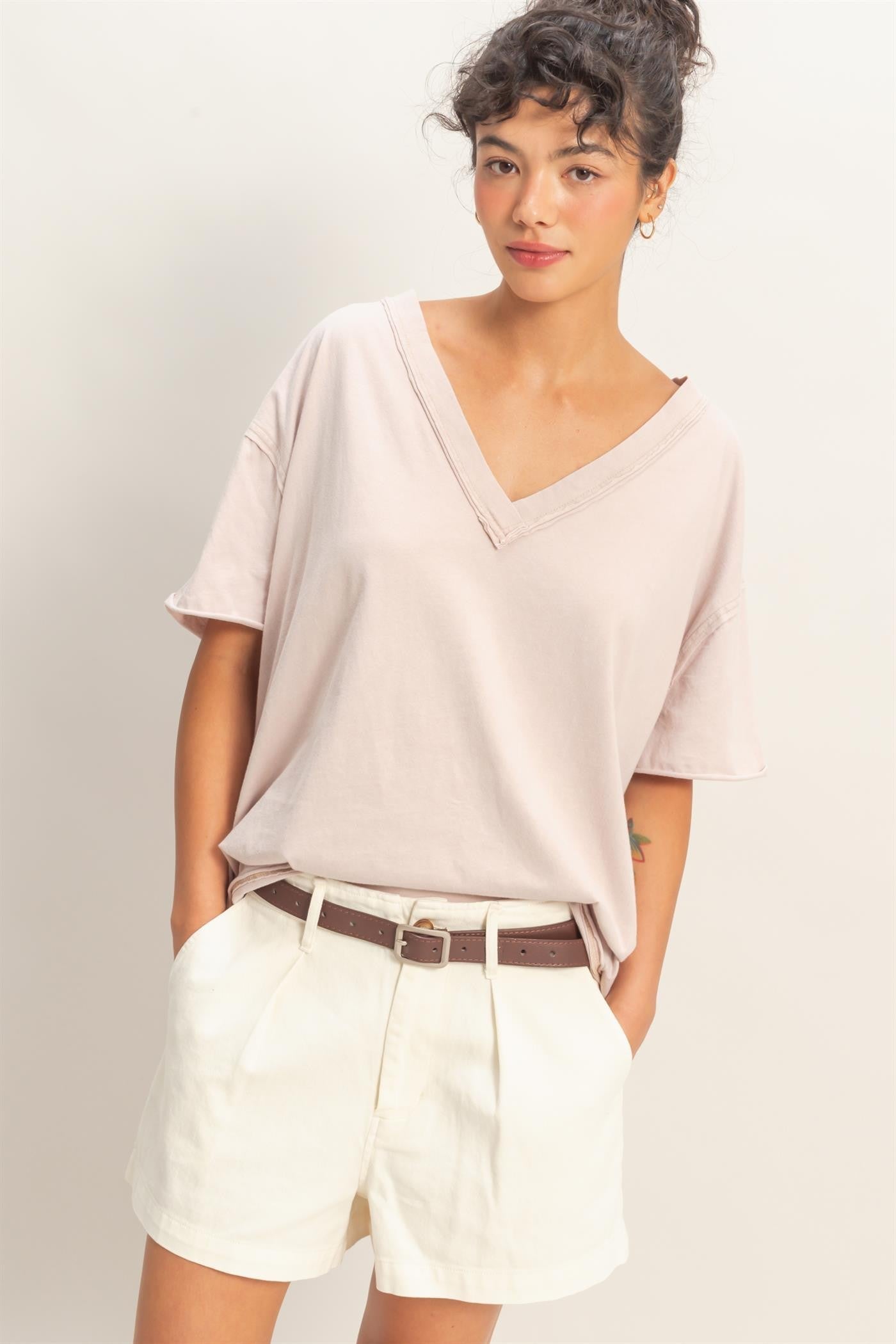 Beige Washed V-Neck Oversized Maternity Tee