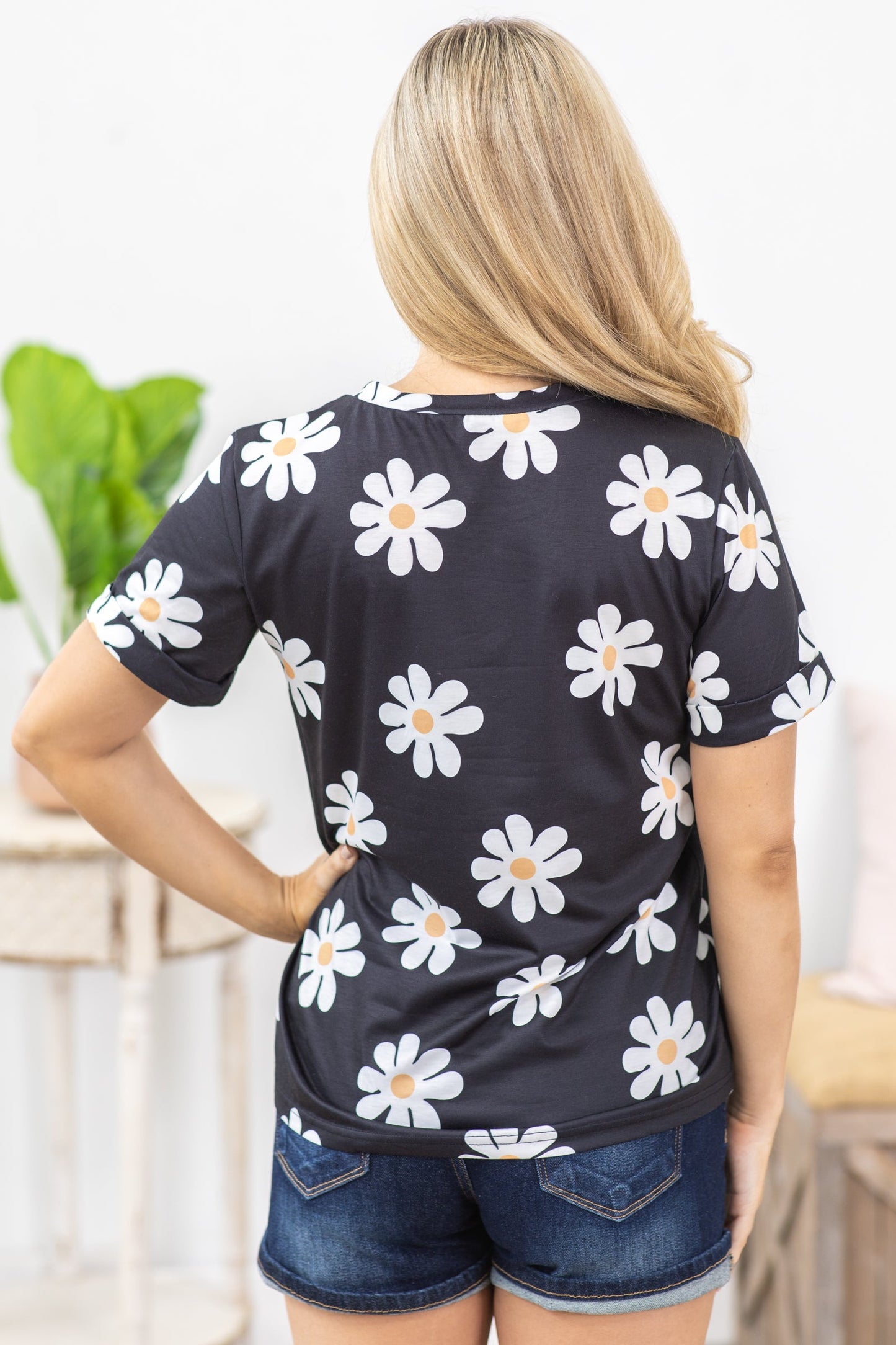Black Daisy Flower Print Knit Top