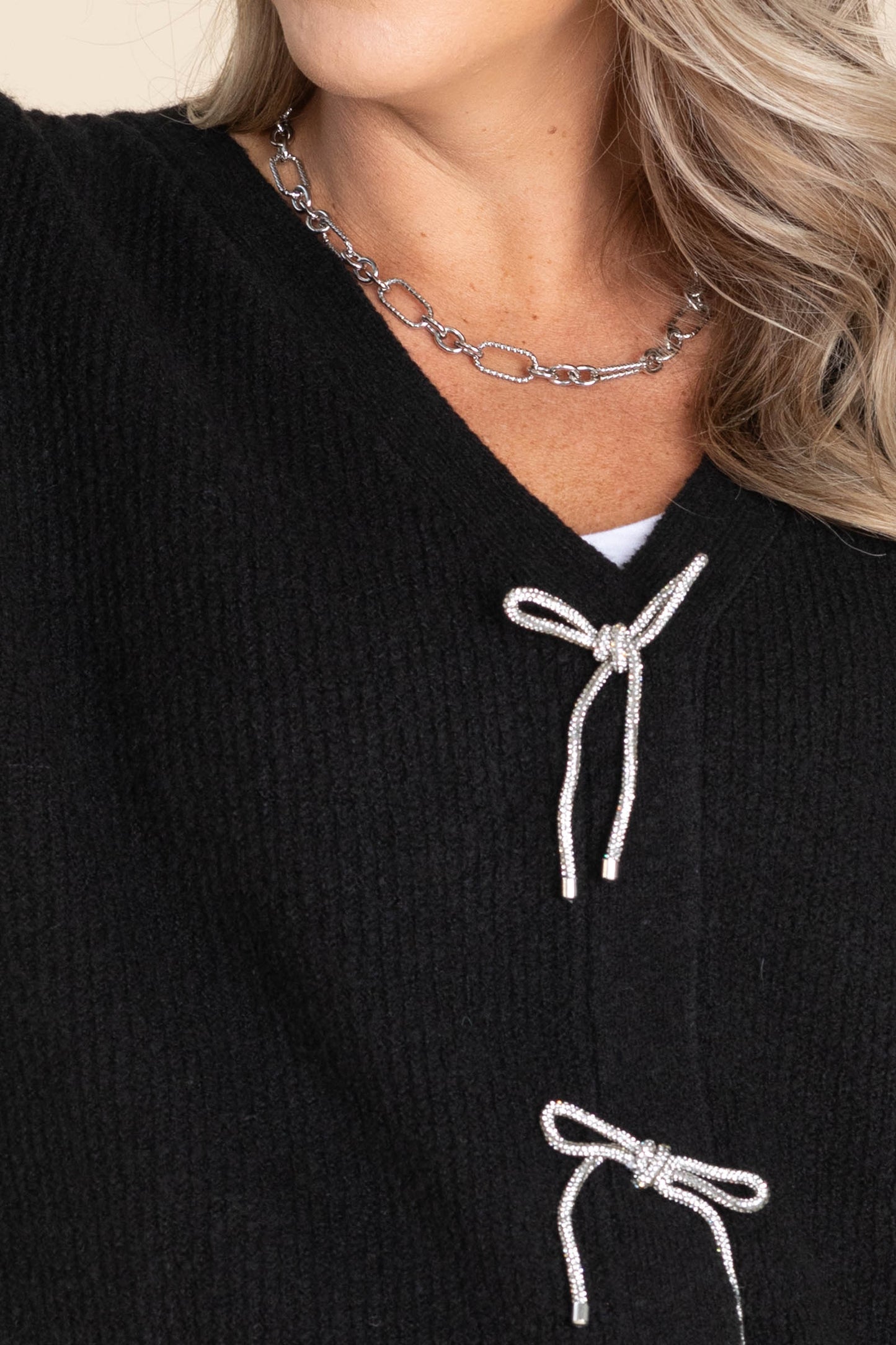 Black V-Neck Long Sleeve Knit Top Front Tie