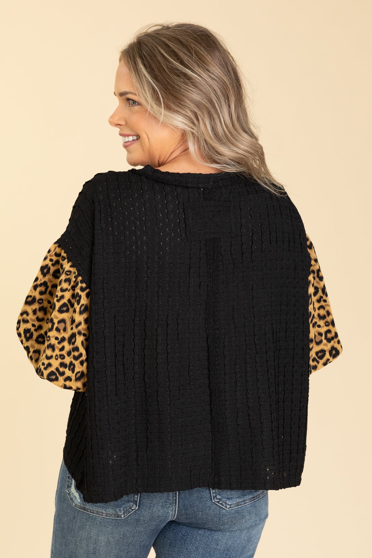 Black Textured Knit Top With Leopard Sleeves