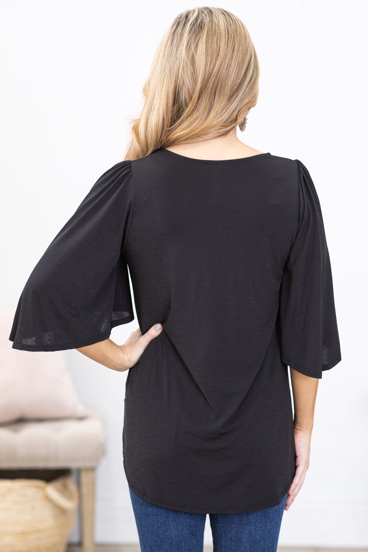 Black Short Sleeve V-Neck Wrinkle Free Top