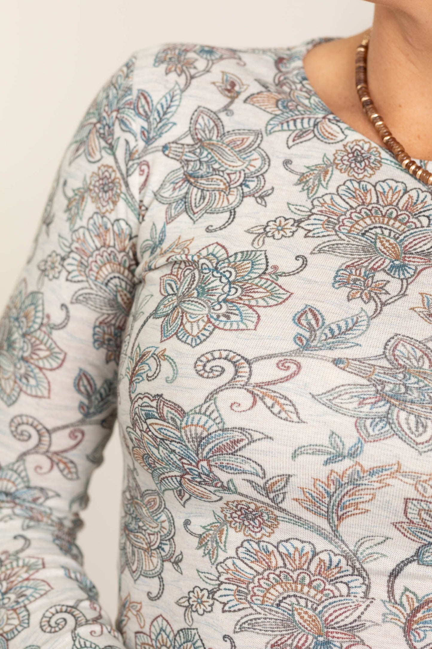 Beige Floral Vine Print Long Sleeve Knit Top