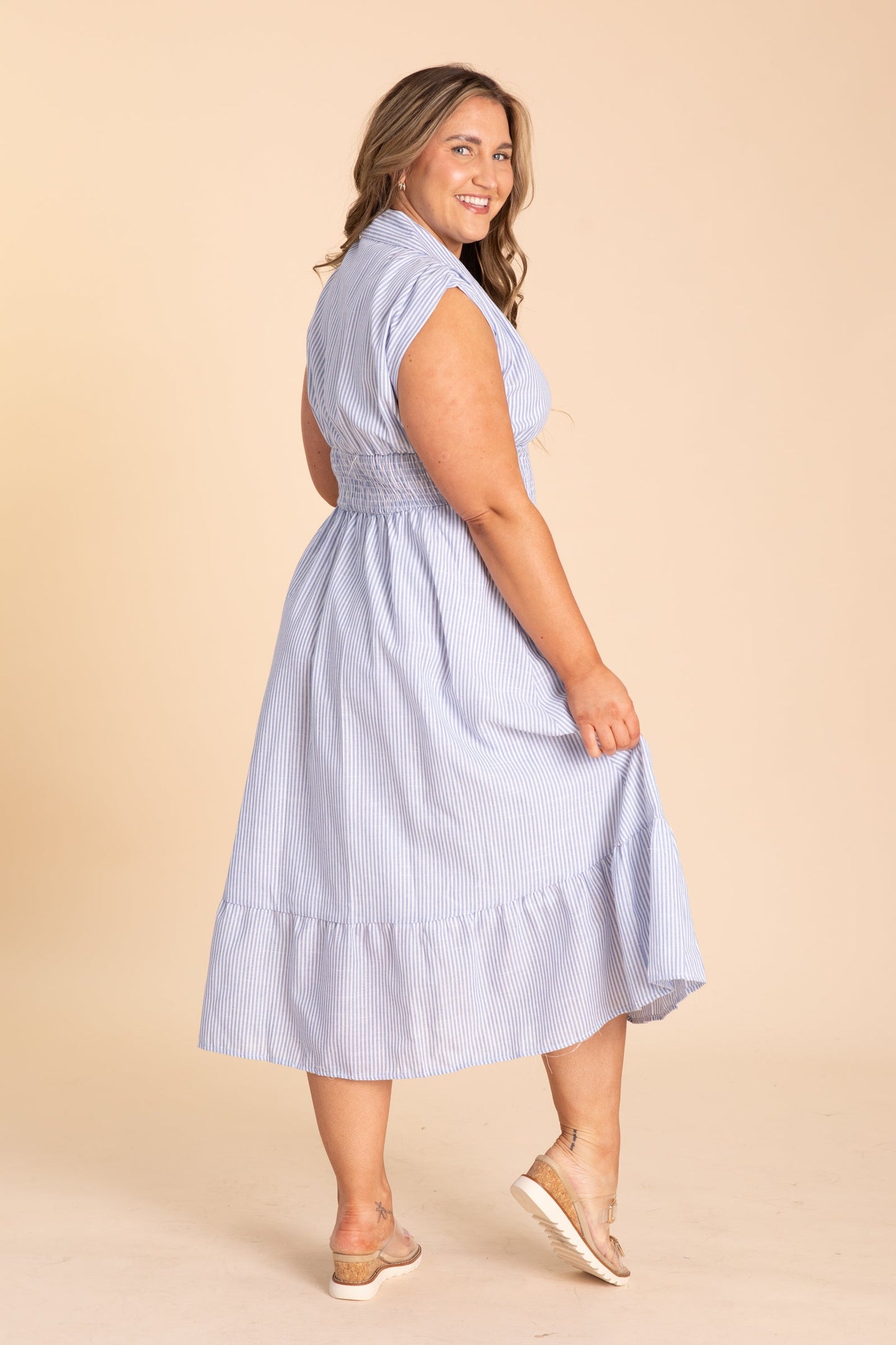 Baby Blue Stripe Midi Dress With Zipper