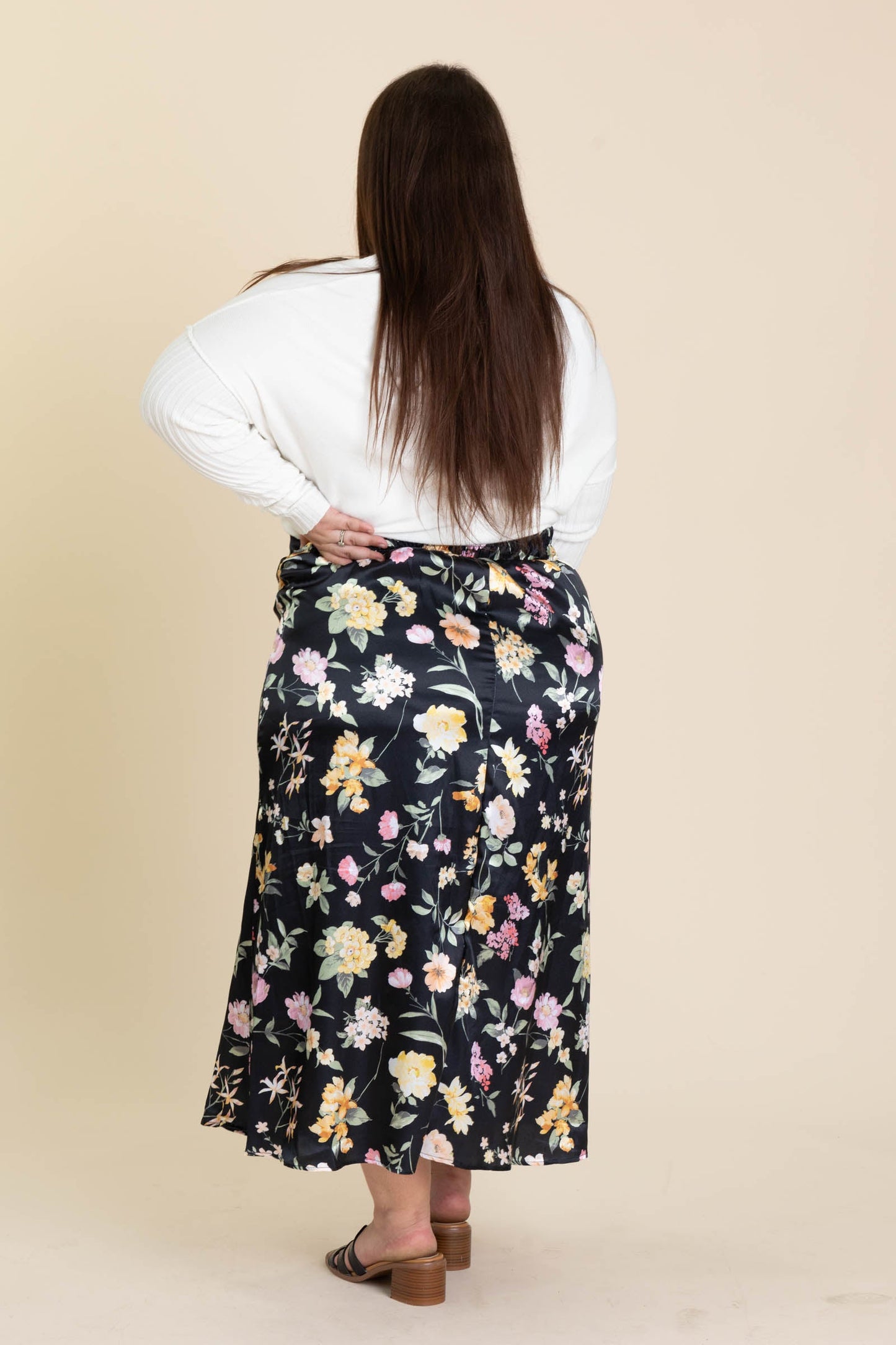 Black Floral Print Midi Elastic Waist Skirt