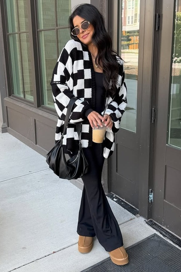 Black Checkered Print Oversized Cardigan