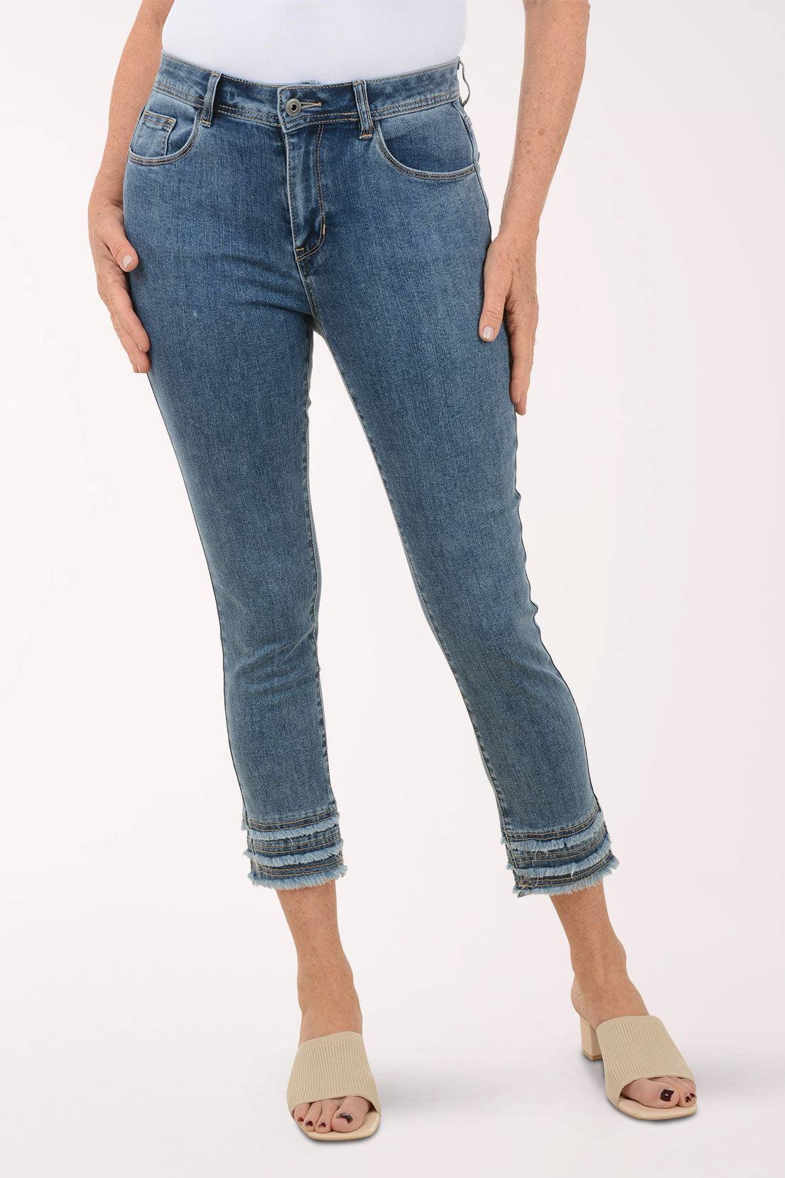 Triple Frayed Hem Stretch Denim Pant