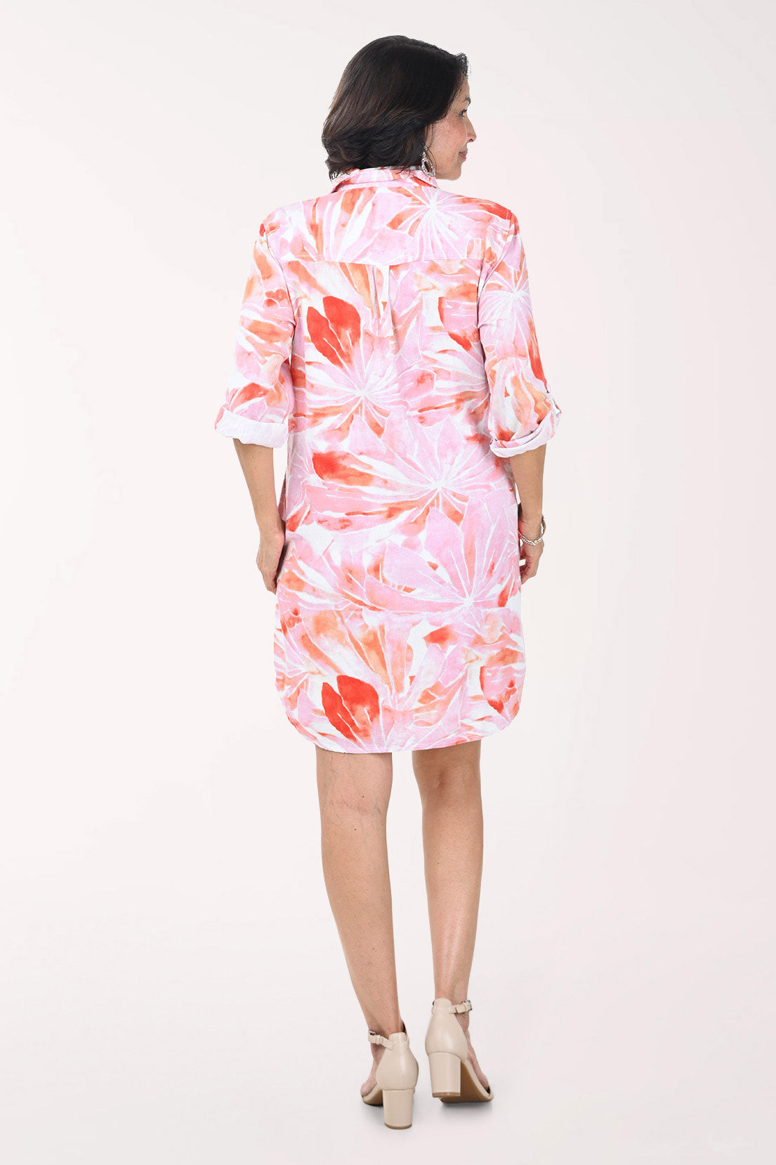 Watercolor Pink Floral Collared Roll Sleeve Dress
