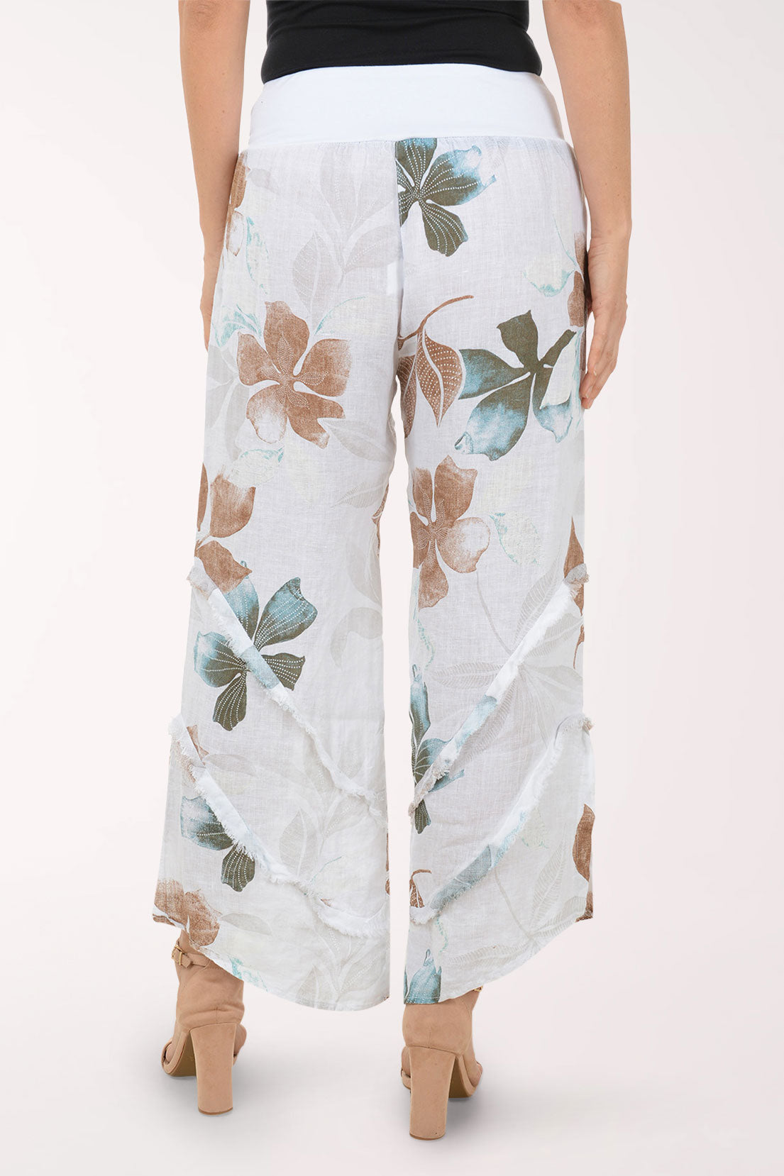White Floral Frayed Linen Wide Leg Palazzo Pant