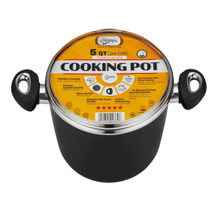 Champs Black Low Pot - 4 Quart, Non-Stick with Glass Lid - Wholesale Cookware