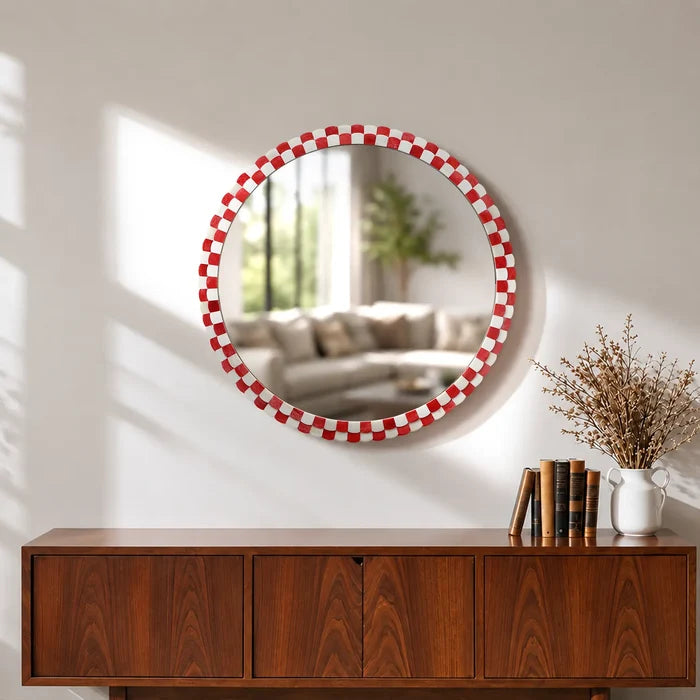 Round Scalloped Bone Inlay Mirror Frame, Red & White, 18” x 18”