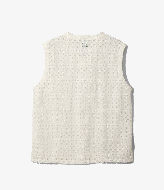 Women's Sleeveless V Neck Shirt - White - Cutwork Embroidery