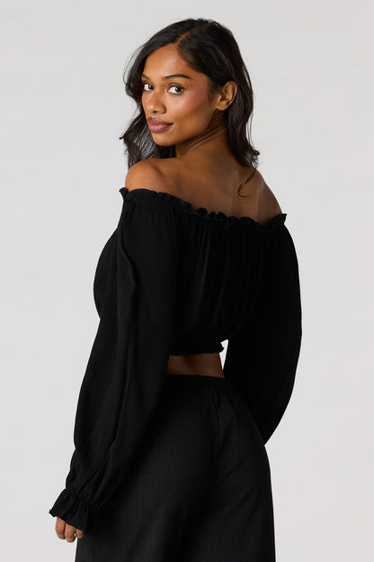 Textured Off Shoulder Long Sleeve Top