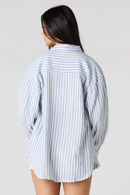 Linen-Blend Long Sleeve Button-Up Top