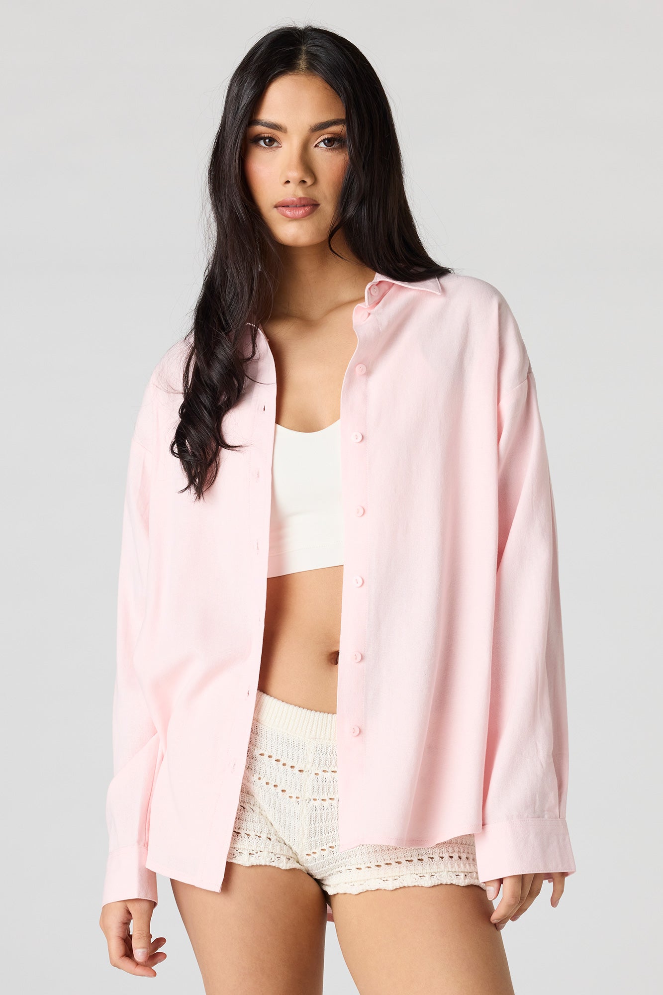 Linen-Blend Long Sleeve Button-Up Top