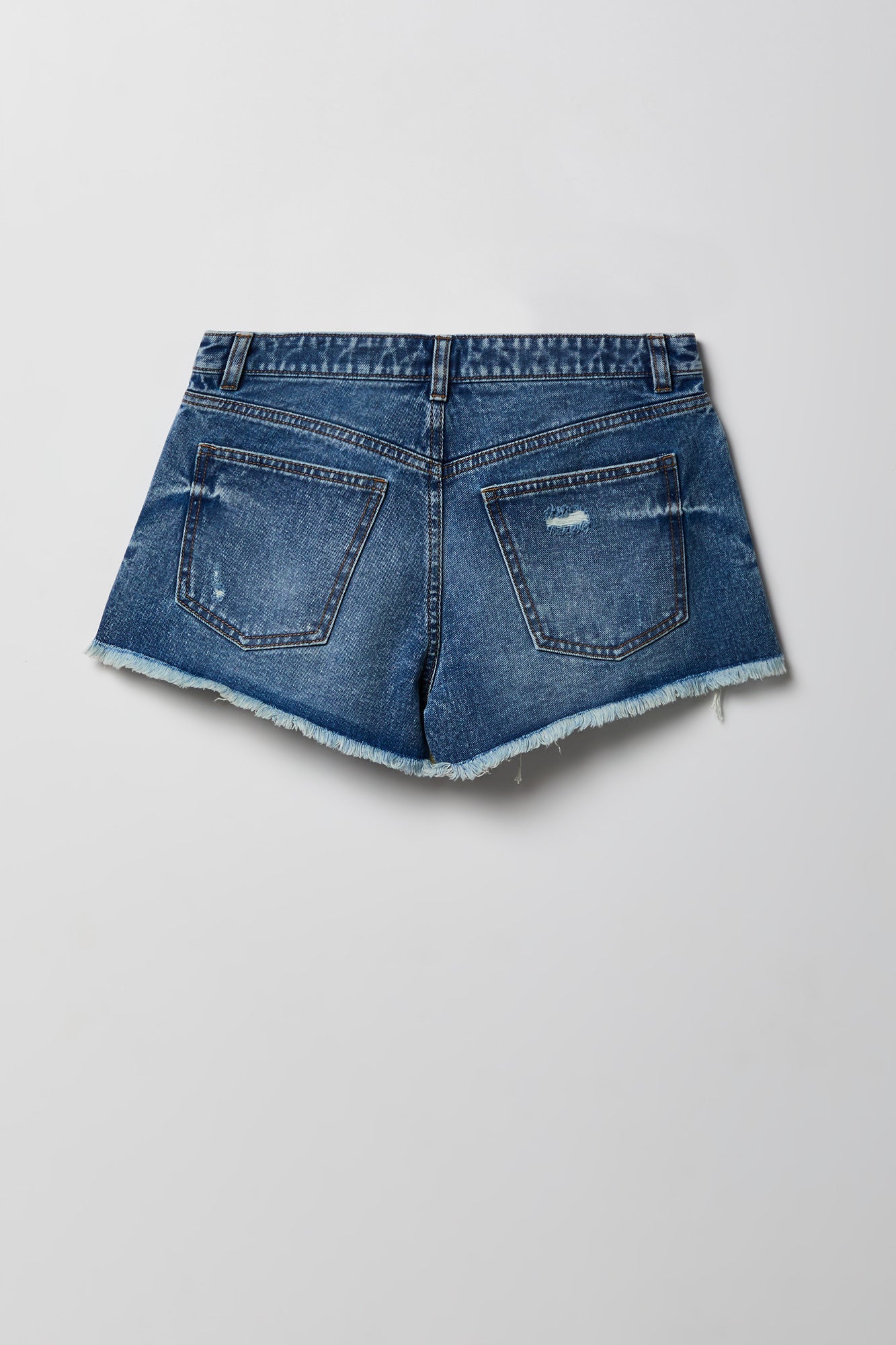 Ripped High Rise Dark Denim Short With Keychain