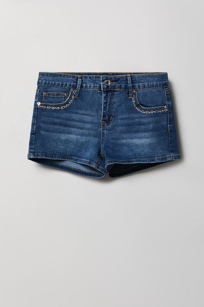 Stretch Mid Rise Rhinestone Detail Denim Short