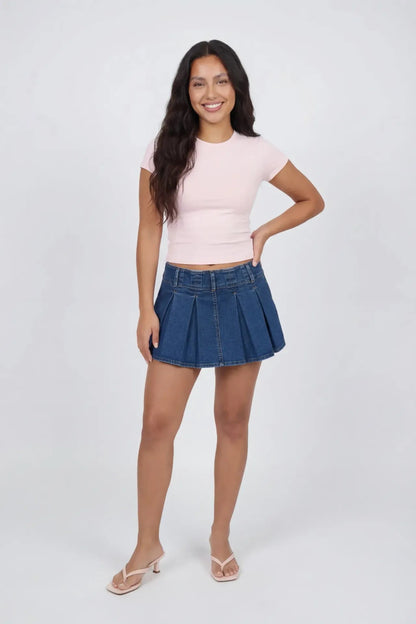Pleated Denim Mini Skort