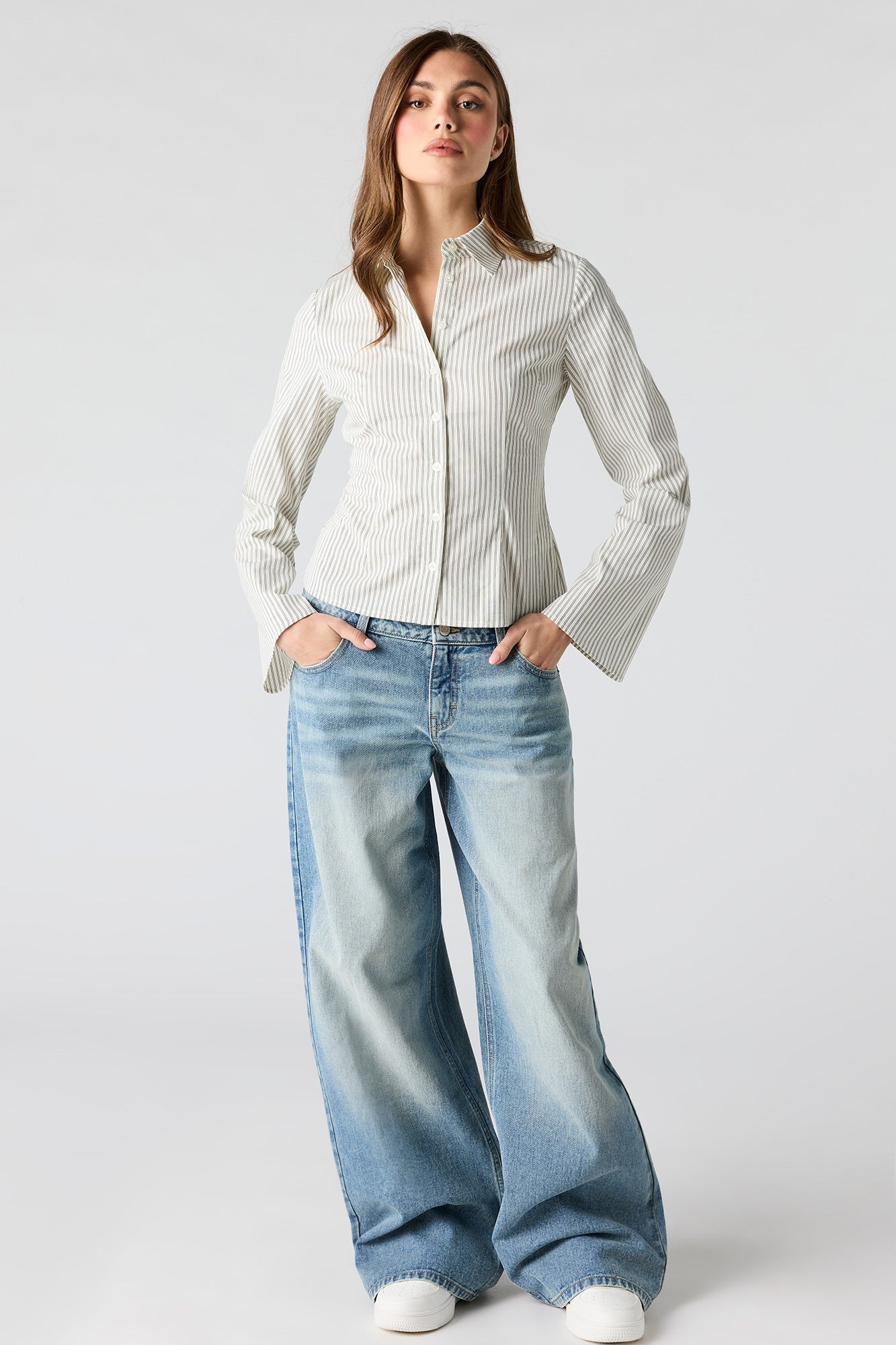 Fitted Bell Sleeve Button-Up Top