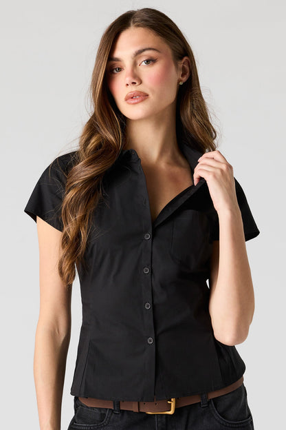 Fitted Short Sleeve Button-Up Top