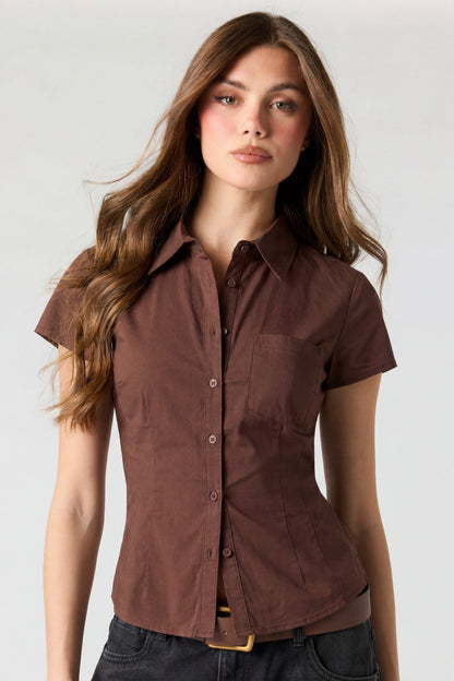 Fitted Short Sleeve Button-Up Top