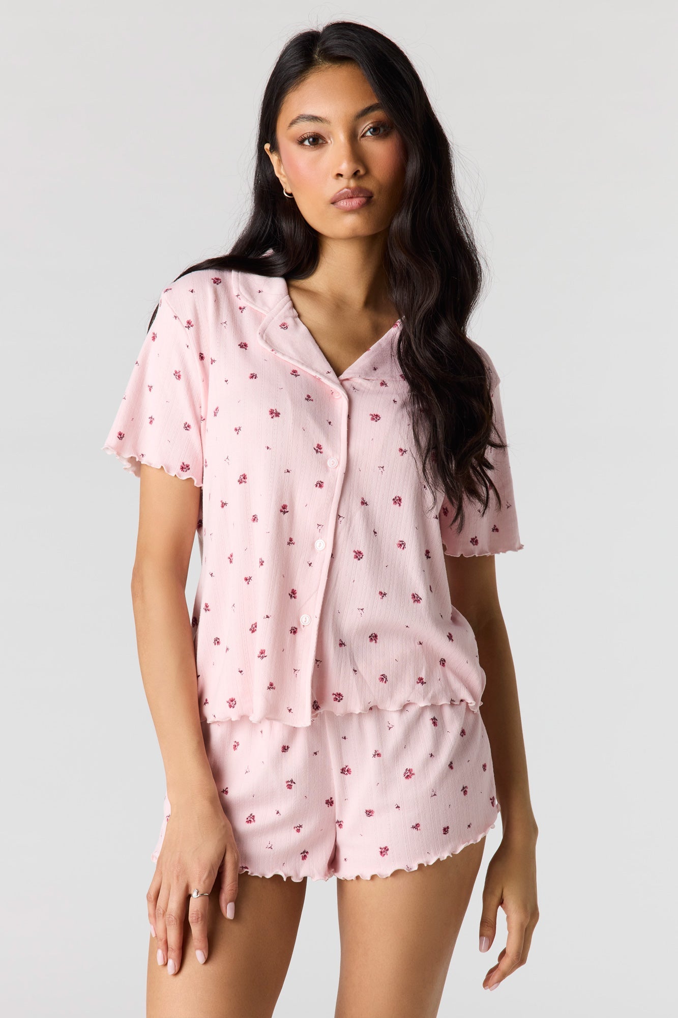 Pointelle Button-Up Top & Short Pajama Set