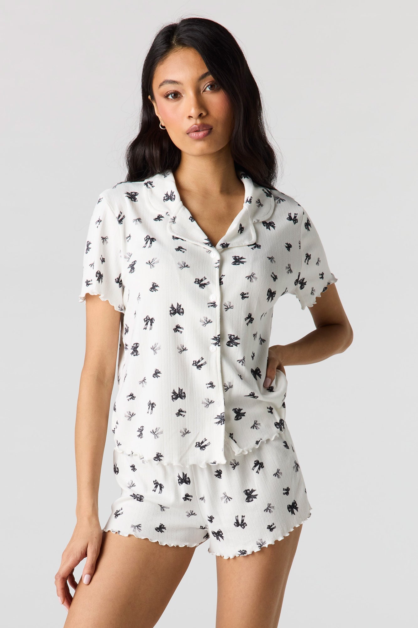 Pointelle Button-Up Top & Short Pajama Set