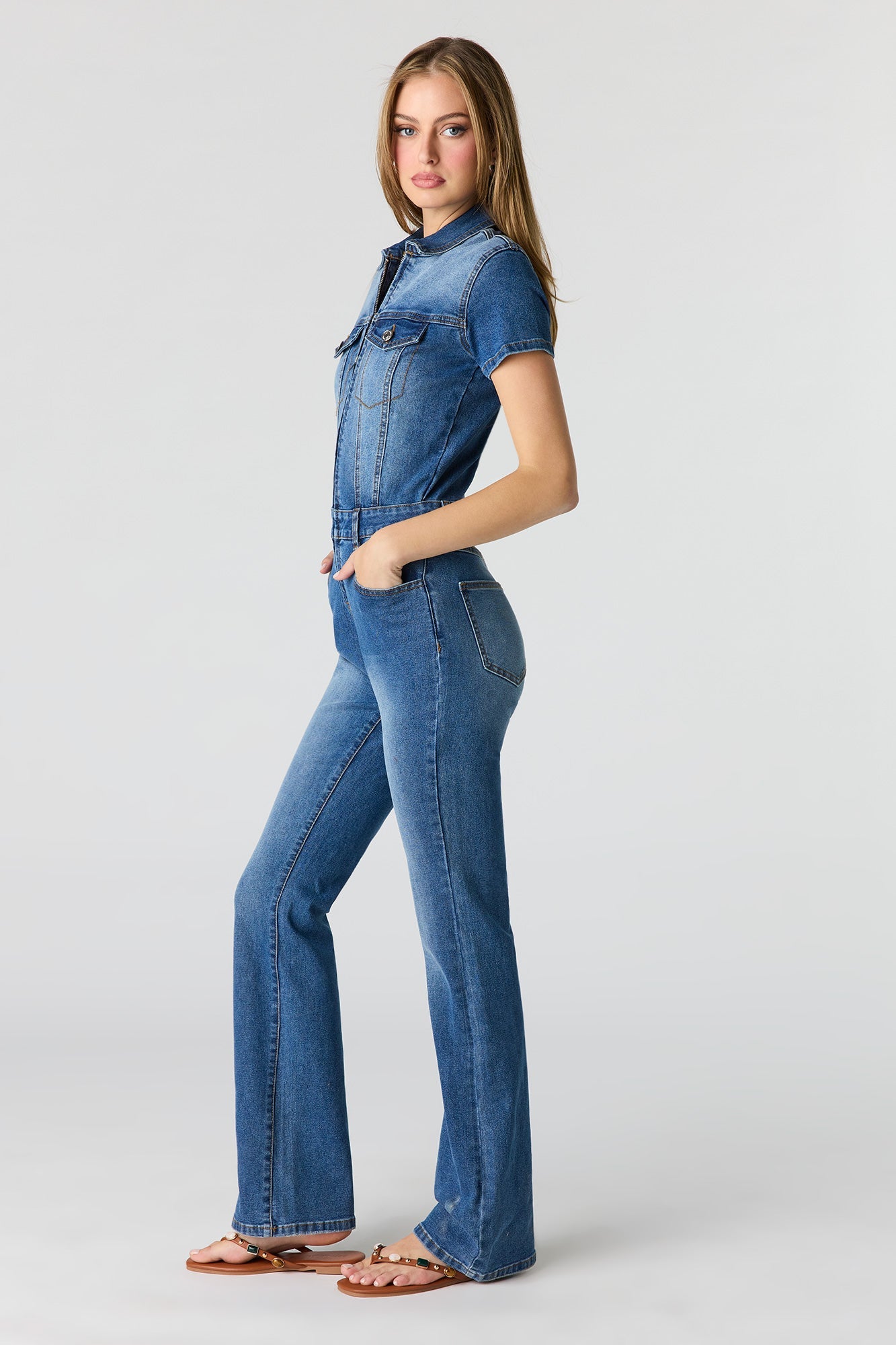 Stretch Denim Short Sleeve Jumpsuit