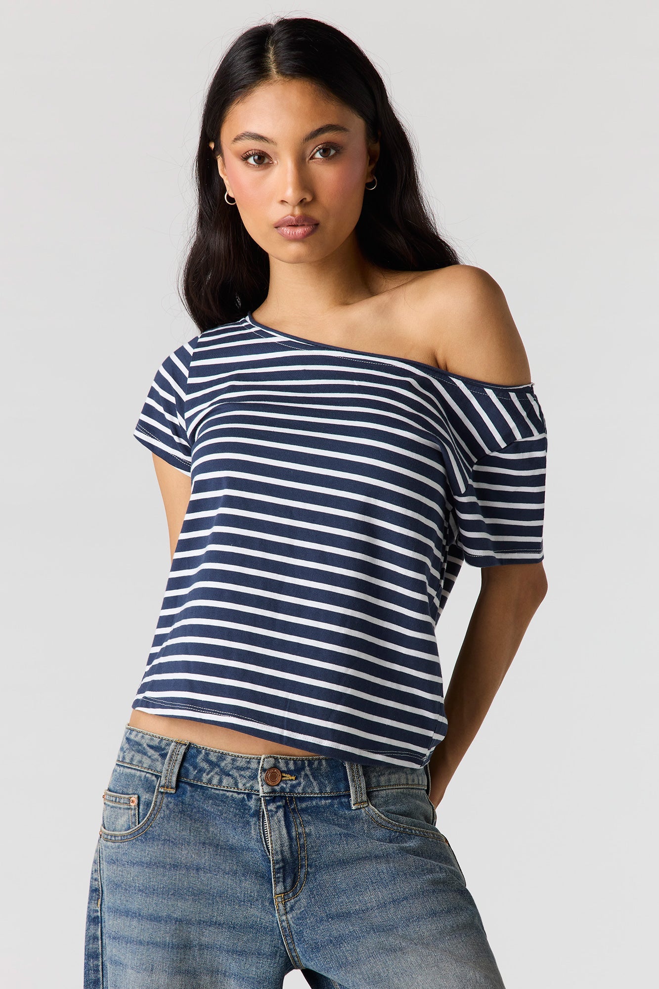 Striped Off Shoulder Boxy T-Shirt