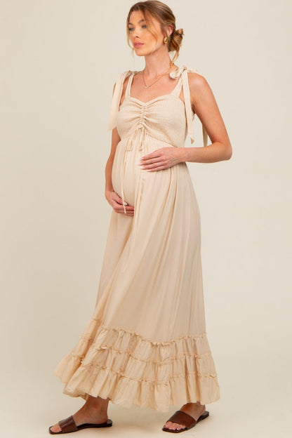 Beige Sweetheart Neck Smocked Shoulder Tie Maternity Maxi Dress