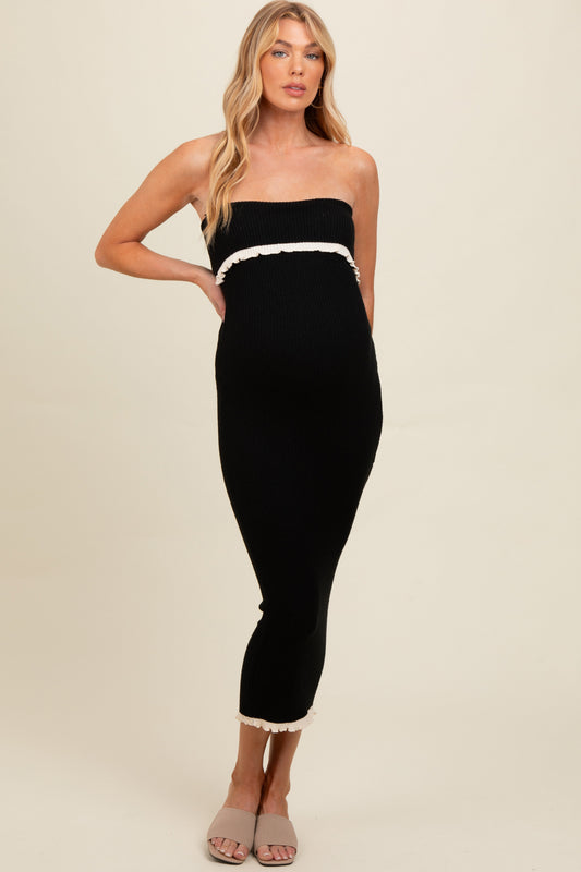 Black Contrast Trim Maternity Strapless Knit Dress