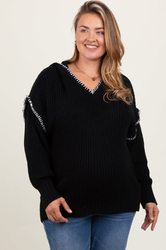 Black Contrast Stitch Hooded Maternity Plus Sweater