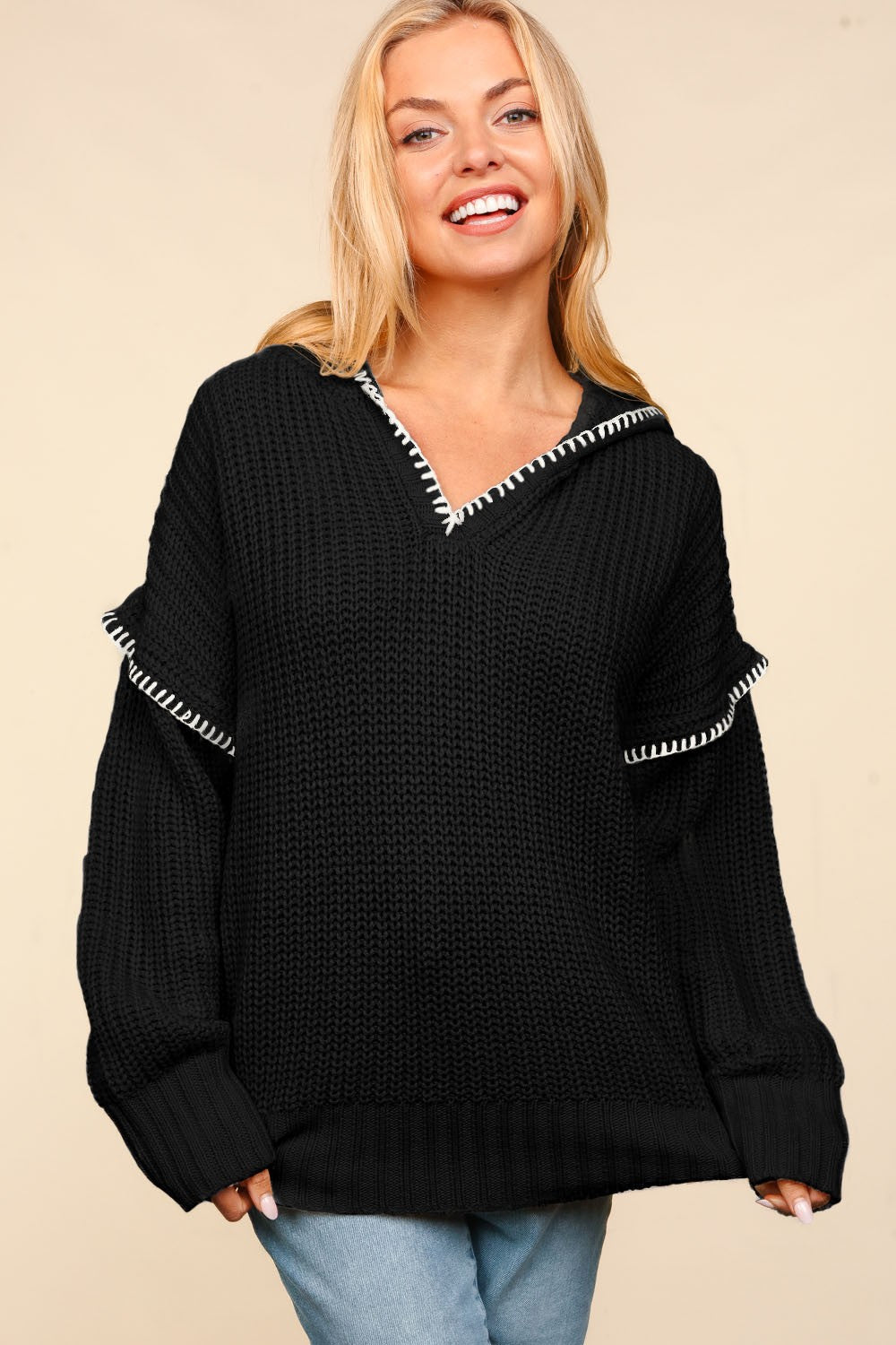 Black Contrast Stitch Hooded Sweater