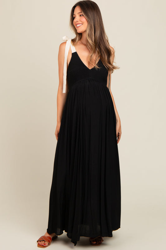 Black Contrast Shoulder Tie Smocked Maternity Maxi Dress