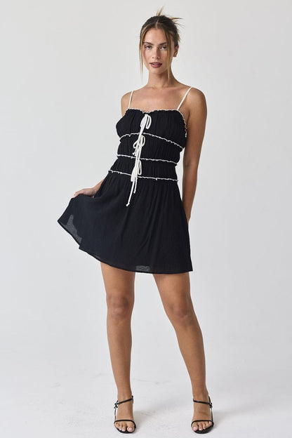 Black Contrast Tie-Front Ruffled Mini Dress
