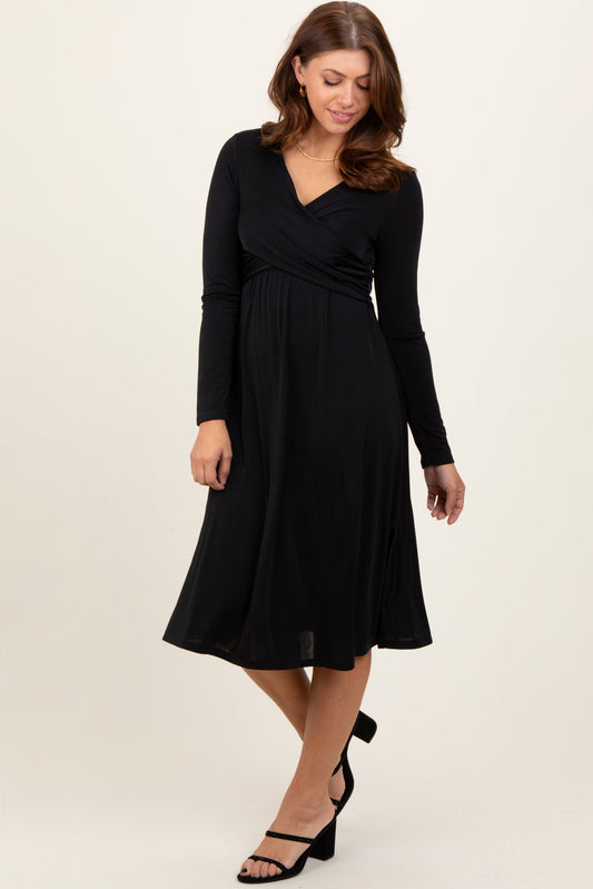 Black Crossover V-Neckline Long Sleeve Nursing Dress