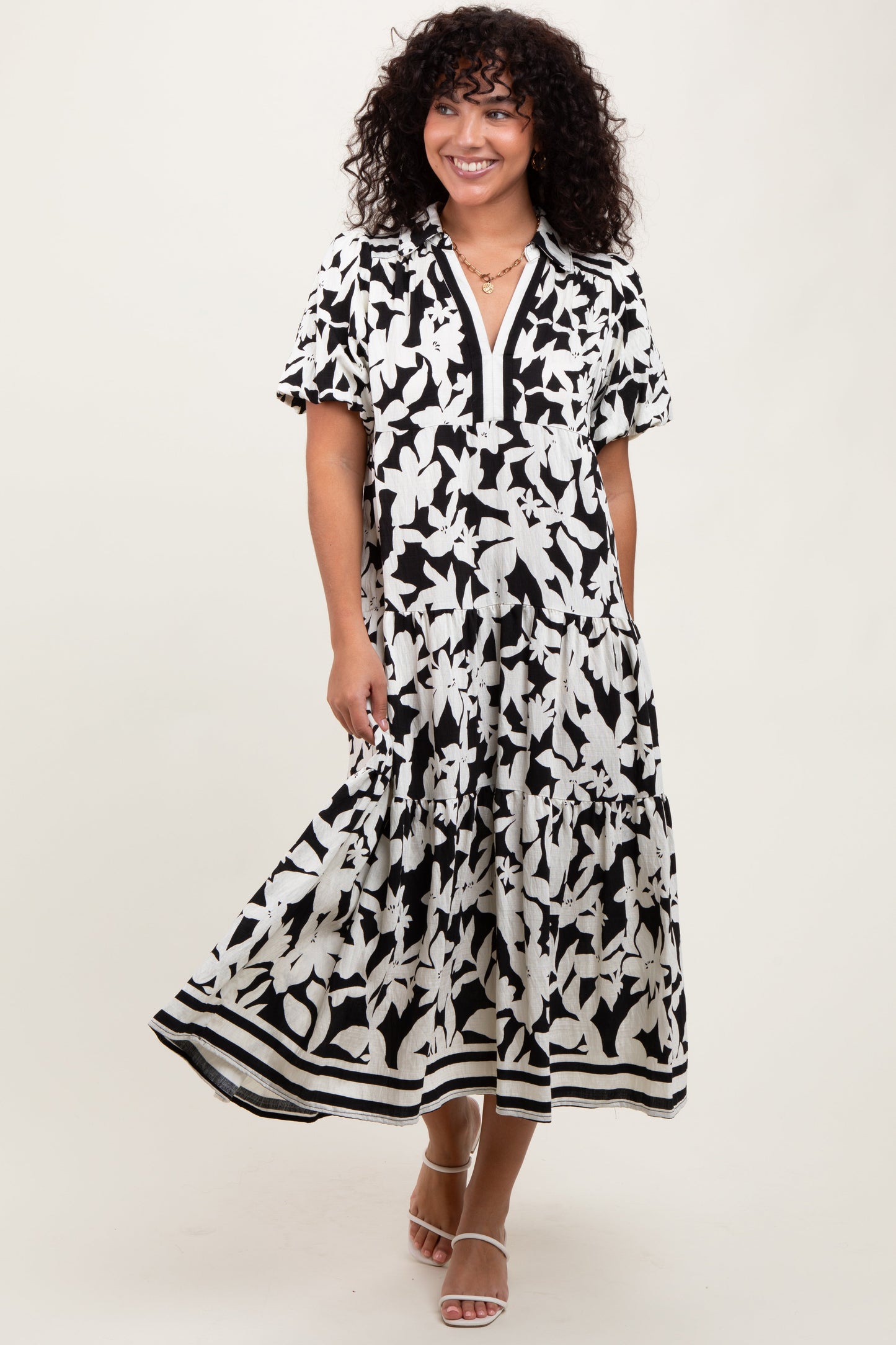 Black Botanical Print A Line Tiered Maternity Dress