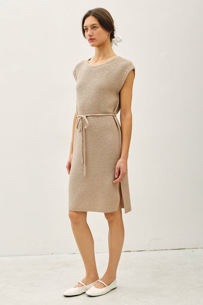 Beige Waffle Knit Sash Tie Short Sleeve Dress