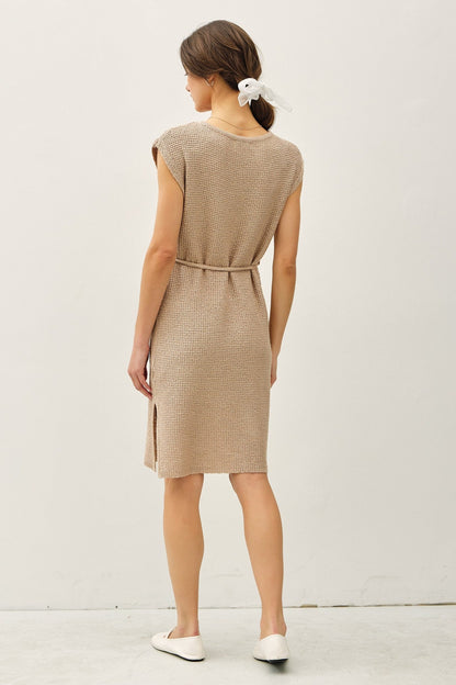 Beige Waffle Knit Sash Tie Short Sleeve Dress