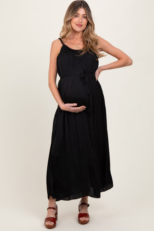 Black Braided Neckline Maternity Maxi Dress