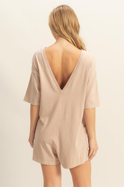 Beige V Back Short Sleeve Pocketed Romper