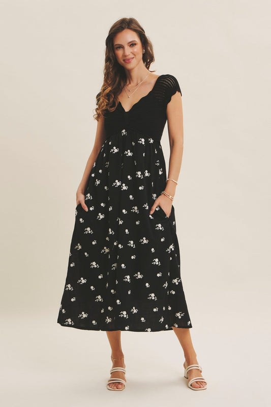 Black Crochet Sweater Floral Embroidery Midi Dress