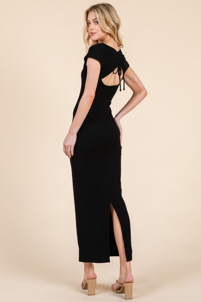 Black Cap Sleeve Ruched Open Back Midi Dress