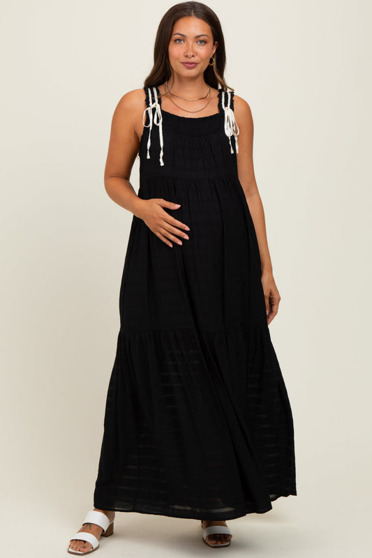 Black Bow Tie Accent Tiered Maternity Maxi Dress
