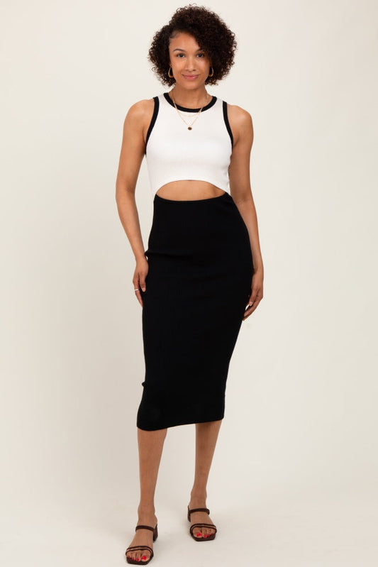 Black Colorblock Sleeveless Cutout Midi Dress