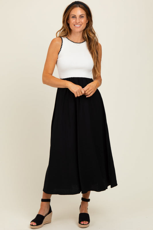 Black Contrast Knit Top Sleeveless Midi Dress