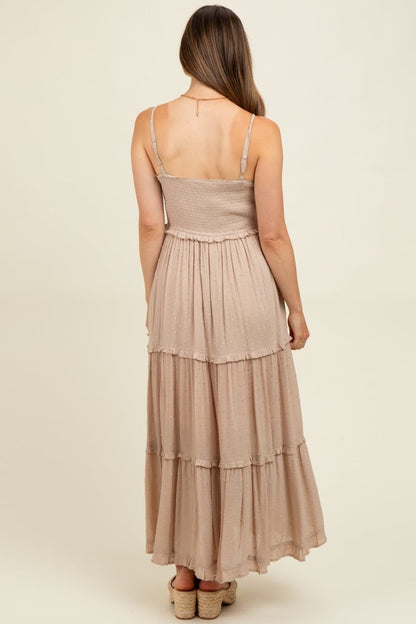Beige Swiss Dot Smocked Sleeveless Maternity Maxi Dress