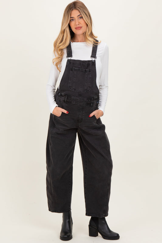 Black Barrel Leg Maternity Denim Overalls