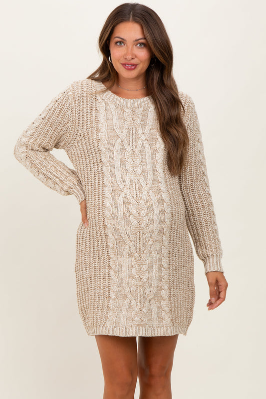Beige Two Tone Cable Knit Maternity Mini Sweater Dress