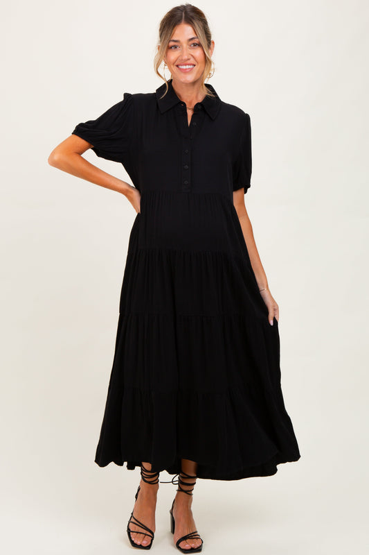 Black Collared Button Down Tiered Maternity Midi Dress
